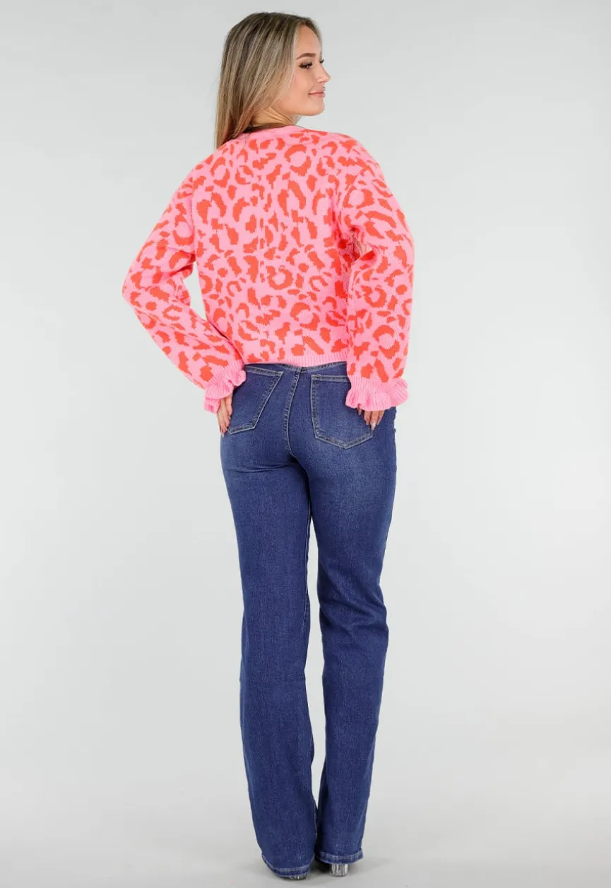 Roze Trui met Oranje Panterprint en Striksluiting