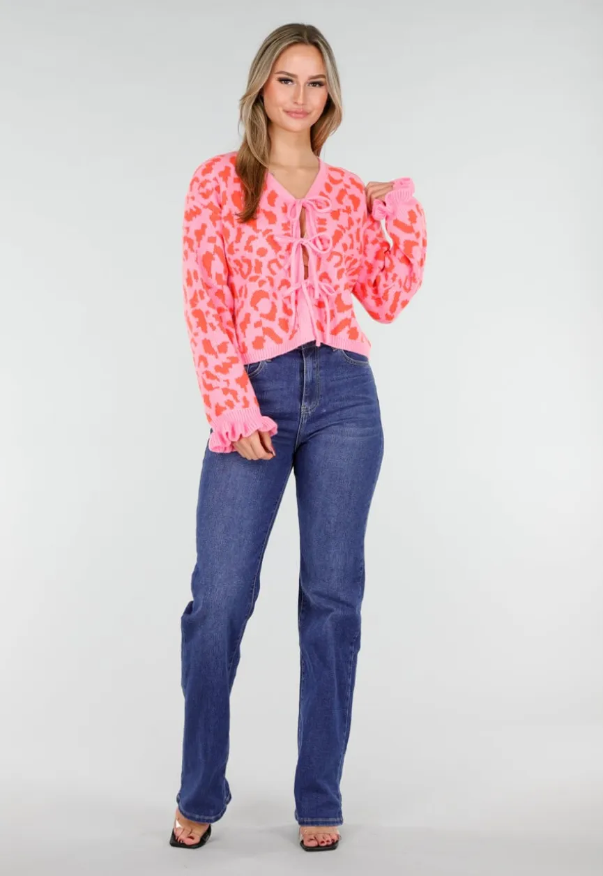 Roze Trui met Oranje Panterprint en Striksluiting