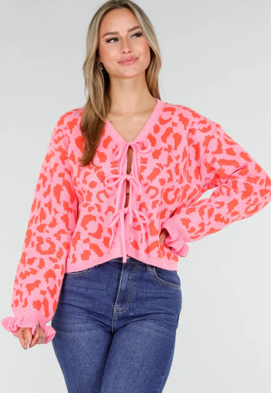 Roze Trui met Oranje Panterprint en Striksluiting