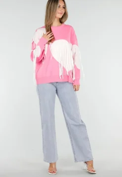 Roze Trui met Witte Hartprint en Franjes