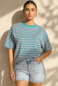 Roze Turquoise Gestreept T-shirt met Korte Mouwen en Ronde Hals