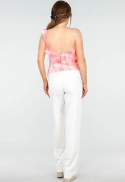 Roze V-Hals Tie-Dye Top met Spaghettibandjes en Ruffles