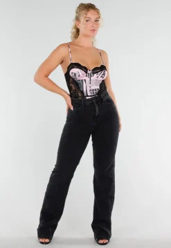 Roze Zwarte Body met Krantenprint en Kantdetails