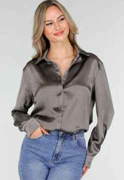 Satijnen Blouse Grijs met Lange Mouwen En Knoopsluiting