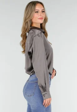 Satijnen Blouse Grijs met Lange Mouwen En Knoopsluiting