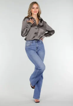 Satijnen Blouse Grijs met Lange Mouwen En Knoopsluiting