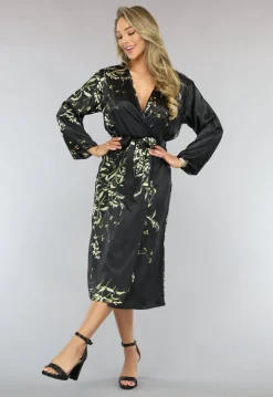 Satijnen Halflange Kimono met Bloemen Print