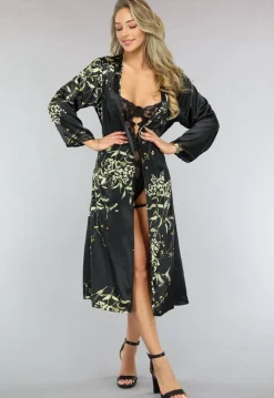 Satijnen Halflange Kimono met Bloemen Print