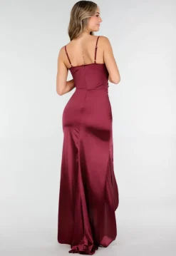 Satijnen Maxi Jurk Burgundy met Spaghetti Bandjes met Strikjes