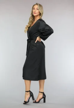 Satin Look Kimono Lang in Zwart