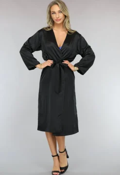 Satin Look Kimono Lang in Zwart