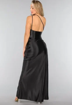 Satin Stretch Avondjurk met One Shoulder in Zwart
