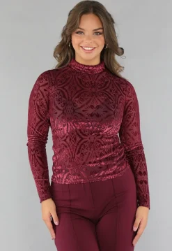 See Through Burgundy Top met Velvet Print