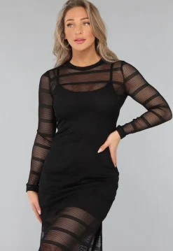 See Through Zwarte Crochet Look Jurk met Split