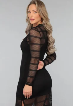See Through Zwarte Crochet Look Jurk met Split