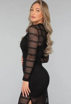 See Through Zwarte Crochet Look Jurk met Split