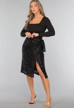 Sequin Midi Wikkelrok in Zwart