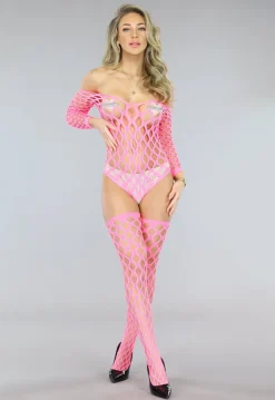 Sexy Neon Roze Visnet Teddy met Kousen