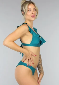 Shimmer Petrol Bikini Top met Ruffles