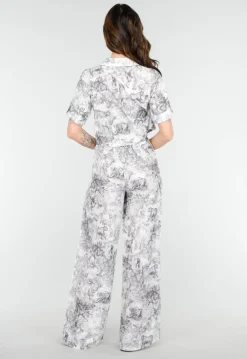 Stijlvolle Set in Zwart-Wit Print met Oversized Blouse en Lange Straight Leg Broek