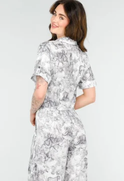 Stijlvolle Set in Zwart-Wit Print met Oversized Blouse en Lange Straight Leg Broek
