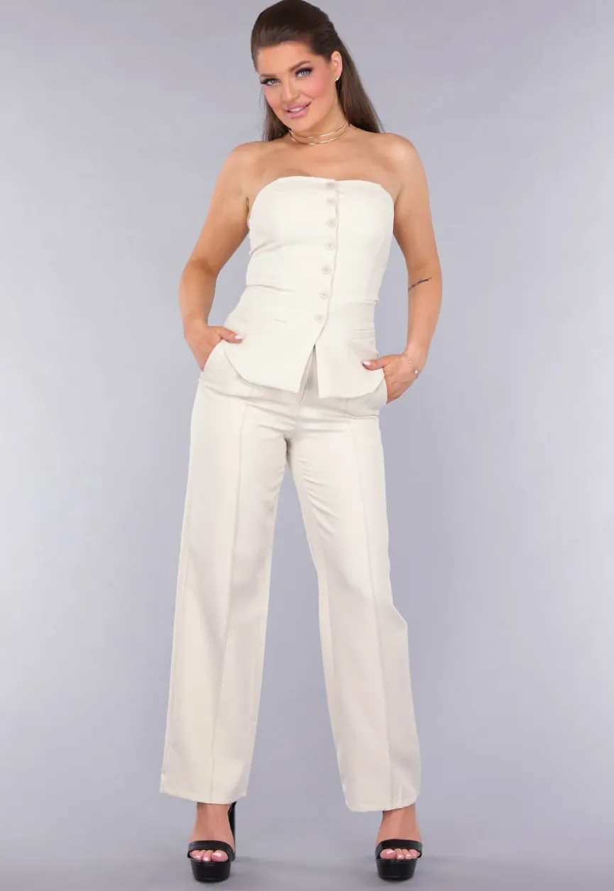 Strapless Beige Co Ord Set met Pantalon