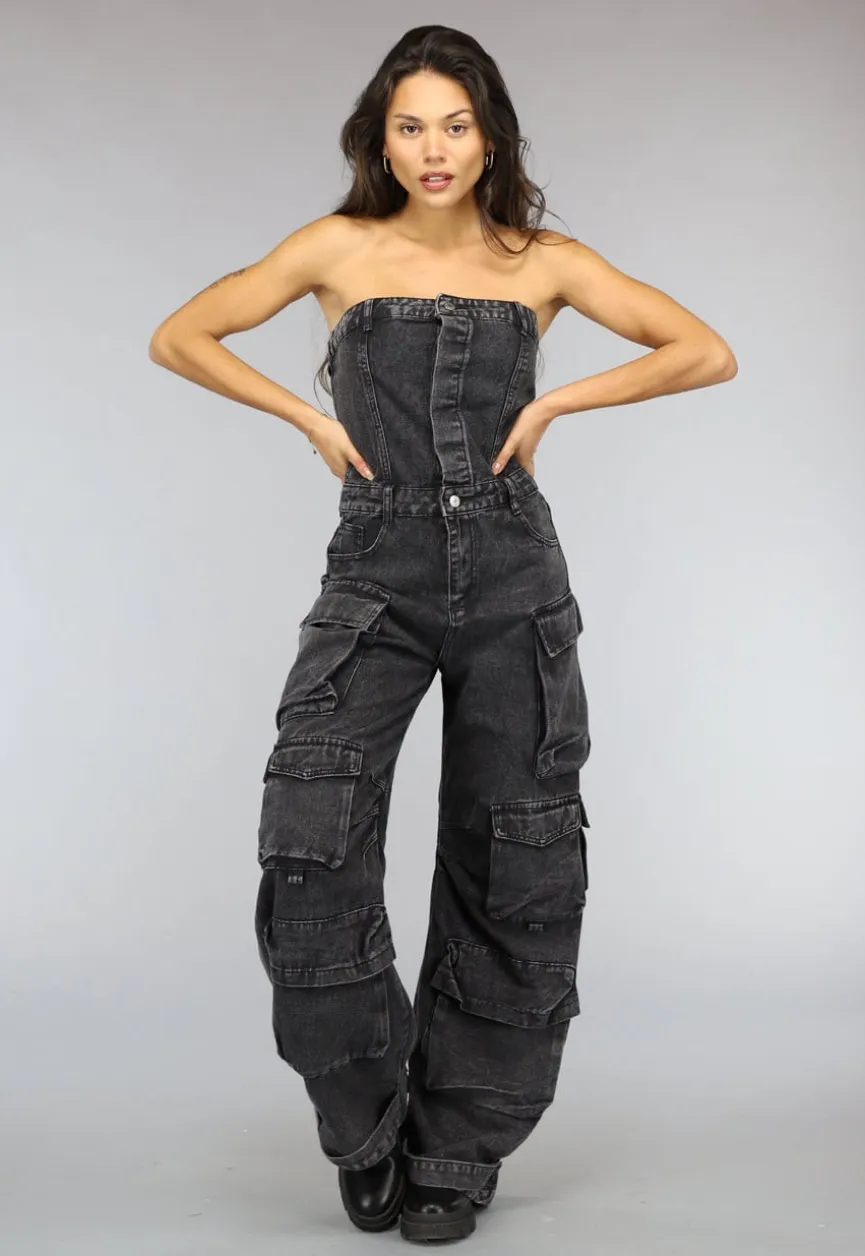 Strapless Denim Cargo Jumpsuit