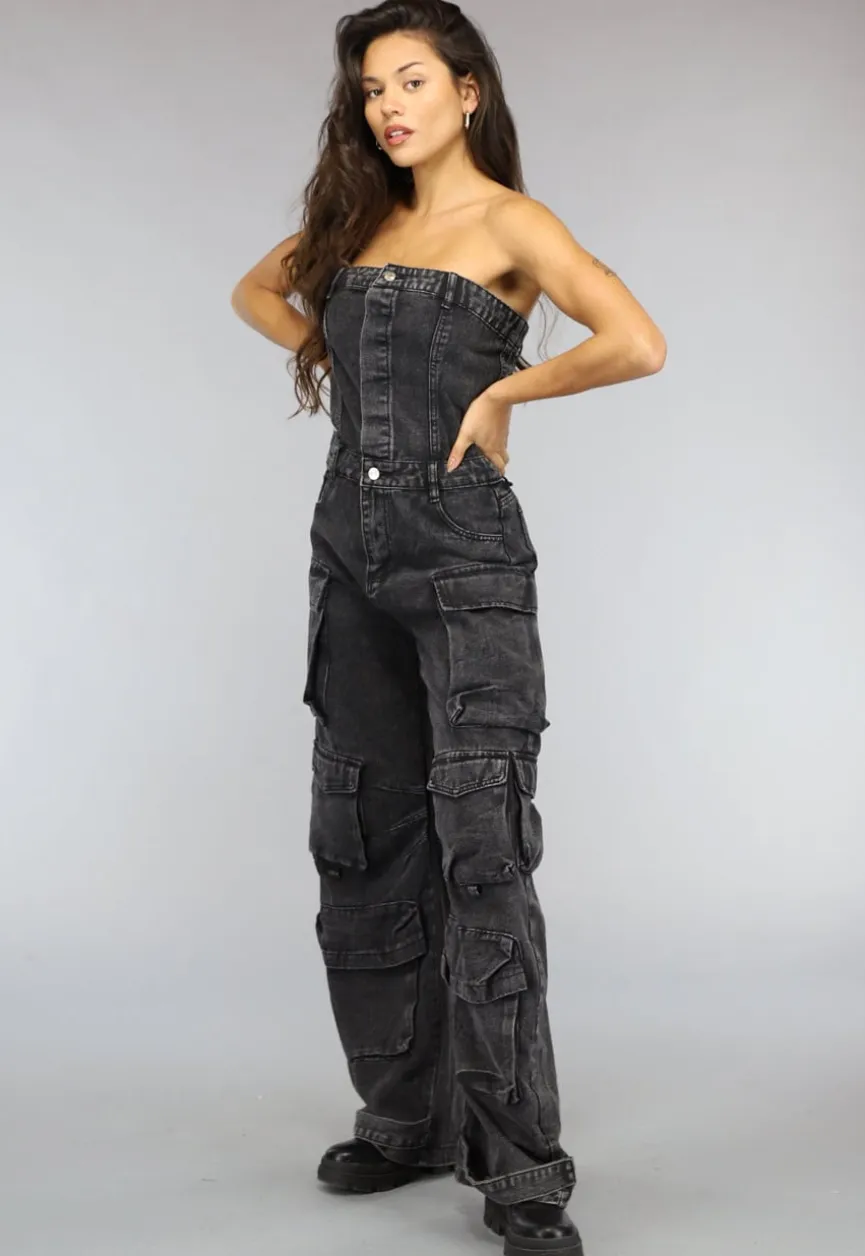 Strapless Denim Cargo Jumpsuit