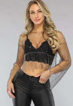 Strass Glitter Top met Wijduitlopende Mouwen
