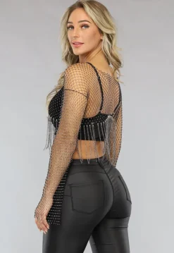 Strass Glitter Top met Wijduitlopende Mouwen