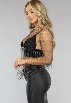 Strass Glitter Top met Wijduitlopende Mouwen