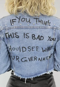 Strass Jeans Jasje met Tekst Opdruk