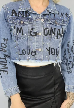 Strass Jeans Jasje met Tekst Opdruk