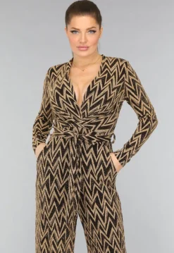 Stretch Gouden Zigzag Jumpsuit met Wide Leg