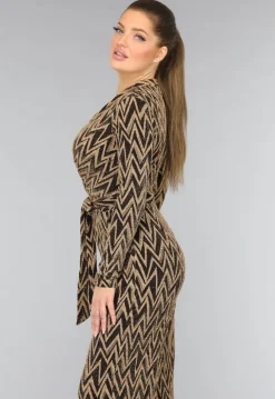 Stretch Gouden Zigzag Jumpsuit met Wide Leg