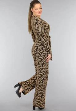 Stretch Gouden Zigzag Jumpsuit met Wide Leg