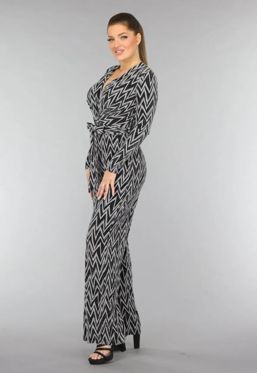 Stretch Jumpsuit met Zilveren Zigzag Glitters
