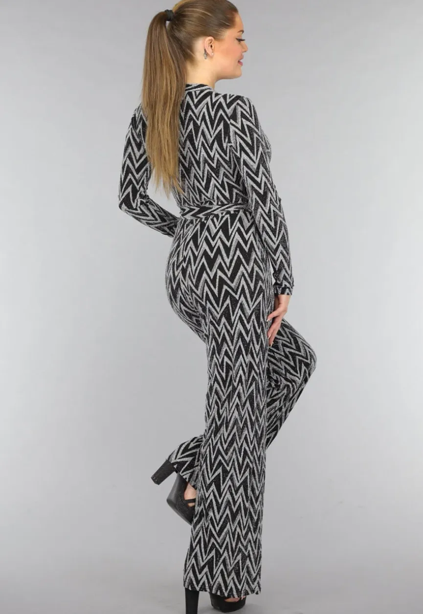 Stretch Jumpsuit met Zilveren Zigzag Glitters