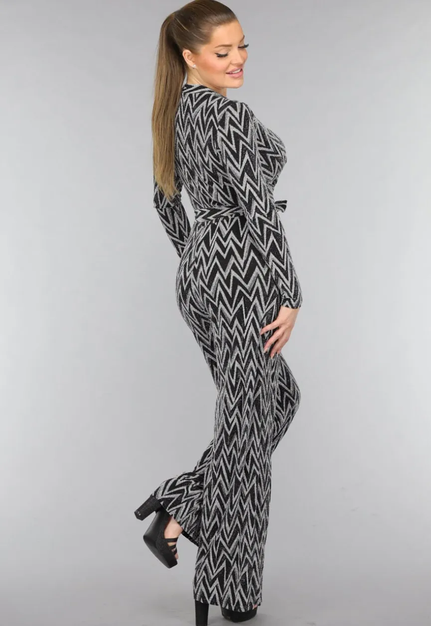 Stretch Jumpsuit met Zilveren Zigzag Glitters