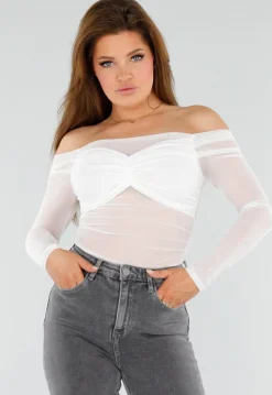 Stretch Off-Shoulder Top in Wit met Meshlook