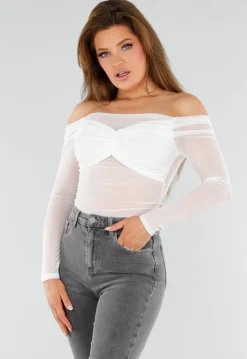 Stretch Off-Shoulder Top in Wit met Meshlook