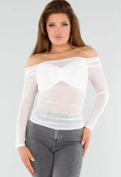 Stretch Off-Shoulder Top in Wit met Meshlook