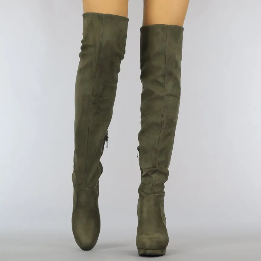 Suède-Look Overknee Laarzen met Hak Kaki