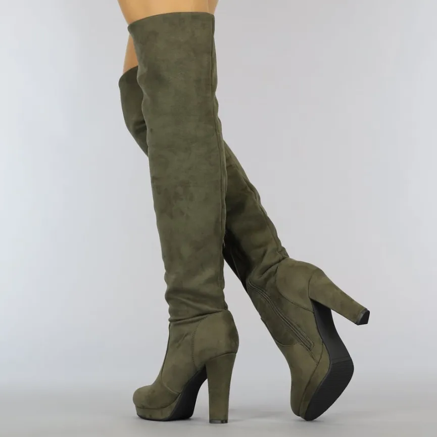 Suède-Look Overknee Laarzen met Hak Kaki