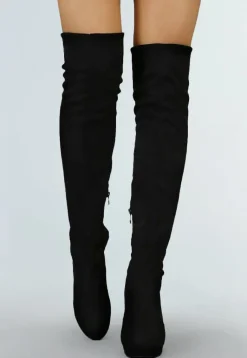 Suède-Look Overknee Laarzen met Hak Zwart