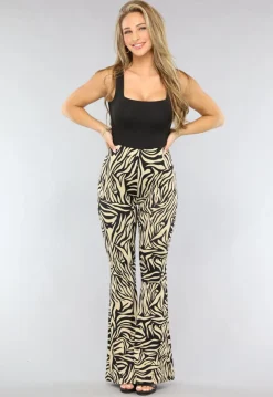 Tall Elastische Beige Zebra Broek met Wijduitlopende Pijpen