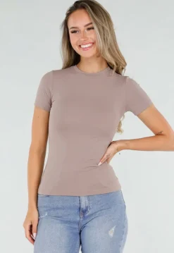 Taupe Basic T-Shirt met Korte Mouwen en Ronde Hals