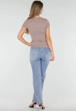 Taupe Basic T-Shirt met Korte Mouwen en Ronde Hals