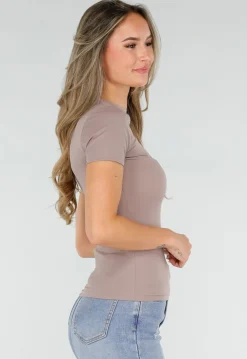 Taupe Basic T-Shirt met Korte Mouwen en Ronde Hals