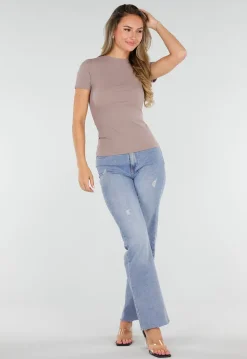 Taupe Basic T-Shirt met Korte Mouwen en Ronde Hals